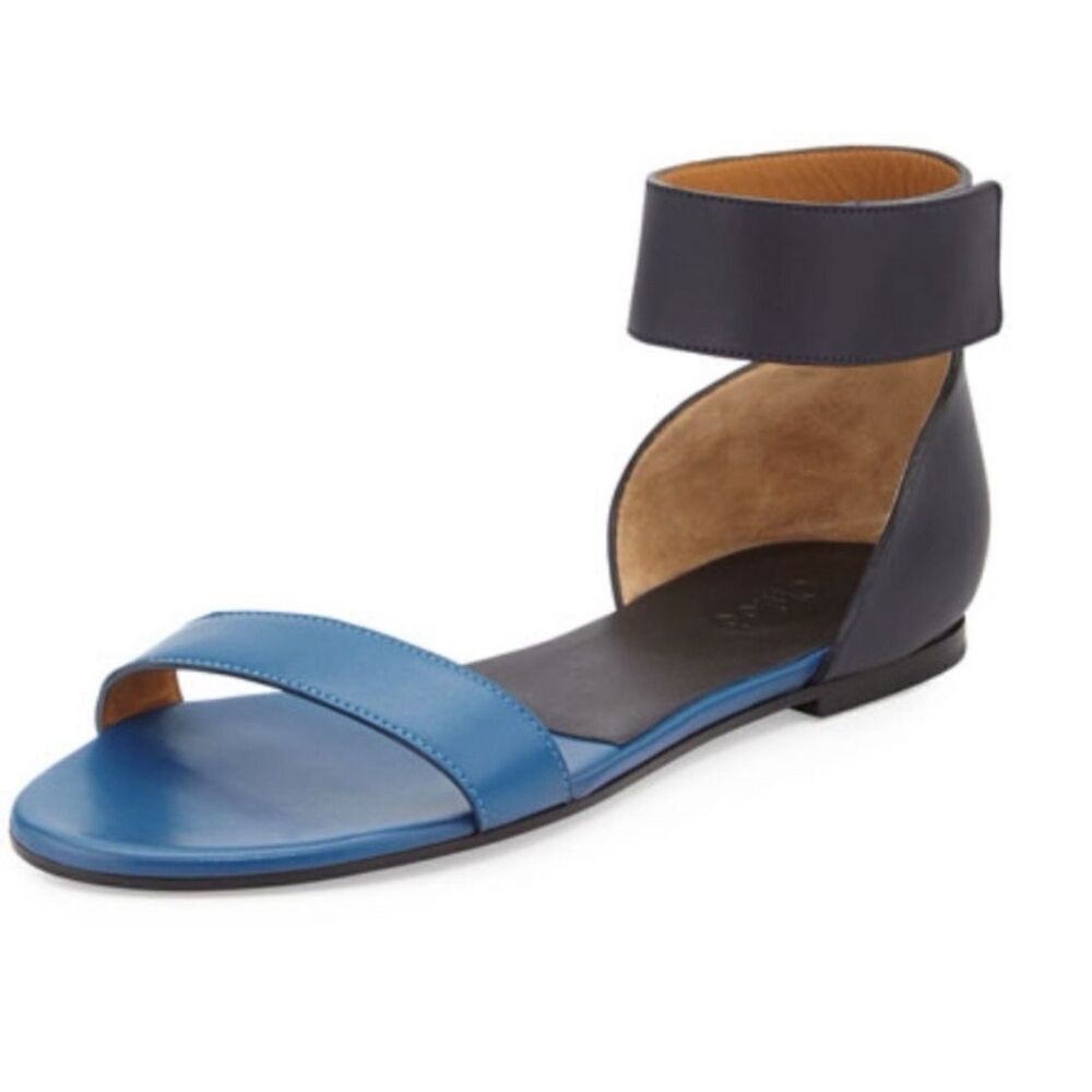 Chloé Blue Navy 2 Tone Gala Ankle/Toe Strap Flat sandal EU 38 US 8